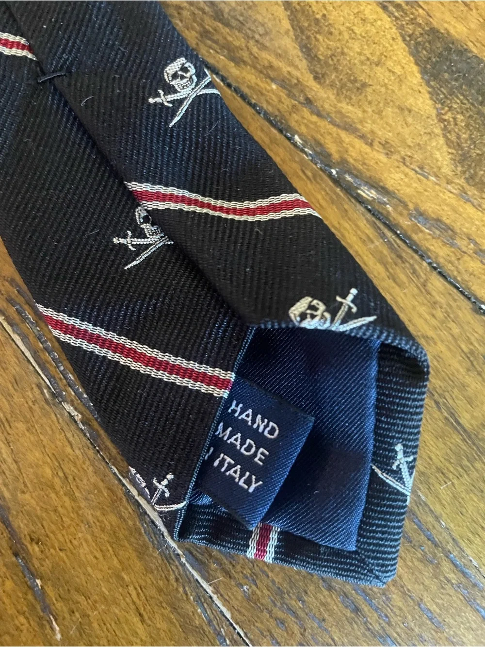 Vintage Polo Ralph Lauren Black Tie with White Skull Motif and Red-Trim Stripes